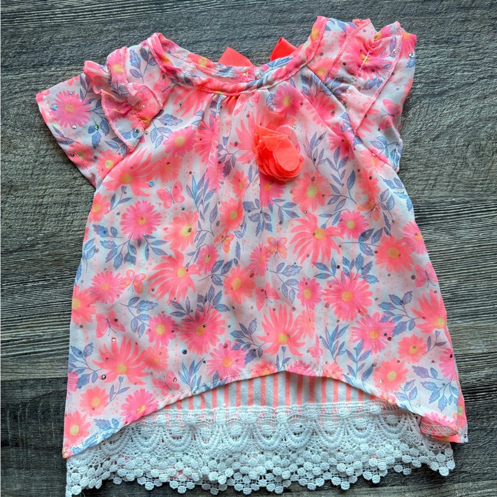 Little Lass 24M Floral Ruffle Sleeve Layered Top‎ Bow Back Lace Hem Girls